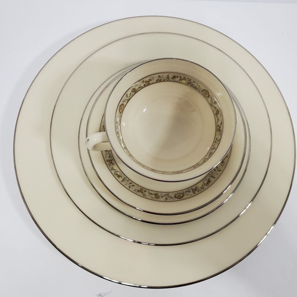 Lenox Springdale Cup Saucer‎ Salad Dinner & Bread Plates 5 Pieces Platinum Trim